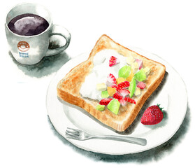 アナログ水彩フルーツとクリームを乗せたトーストとホットコーヒー