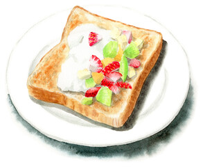 アナログ水彩白い皿に乗せたフルーツとクリームトッピングのトースト