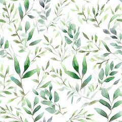 Naklejka na ściany i meble Floral watercolor pattern with green leaves and branches 
