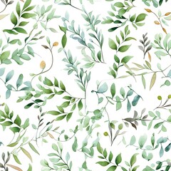 Floral watercolor pattern with green leaves and branches 