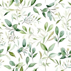 Floral watercolor pattern with green leaves and branches 