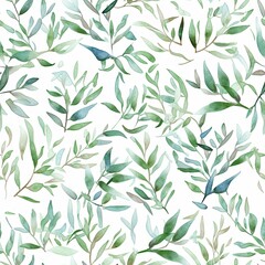 Naklejka na ściany i meble Floral watercolor pattern with green leaves and branches 