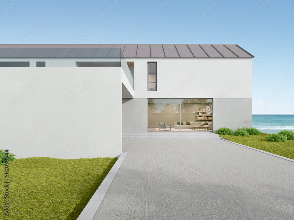 Poster 3d rendering of white modern house with green lawn and empty wall, Minimal architecture.