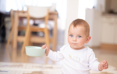 Baby with blue eyes and white t-shirt sit and hold plate.  First food for child. Problems for feeding up children for parents. Heathy and unhealthy ready puree.