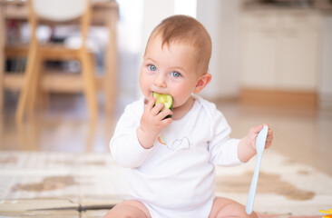 Baby with blue eyes and white bodysuit sit and eat cucumber, hold spoon. Child eating first food....