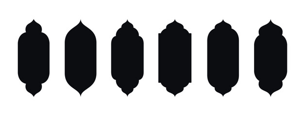 Collection of oriental style. Islamic vector shapes of a window or door arch, mosque gate. Arab frame set. Ramadan kareem silhouette icon.  Islamic arabesque pattern.