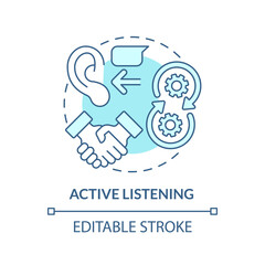 Fototapeta na wymiar Active listening turquoise concept icon. Value experience. Effective advocate trait abstract idea thin line illustration. Isolated outline drawing. Editable stroke. Arial, Myriad Pro-Bold fonts used