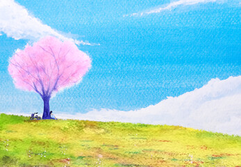 watercolor landscape cherry blossom or sakura and the girl sitting under the tree with a bicycle in a green field blue sky. hand drawn on paper.	 - 582039989
