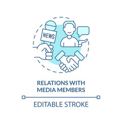 Relations with media members turquoise concept icon. Social network for advocacy abstract idea thin line illustration. Isolated outline drawing. Editable stroke. Arial, Myriad Pro-Bold fonts used