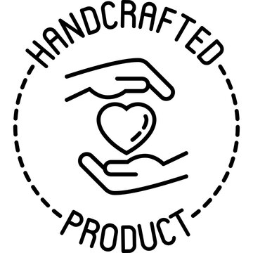 Handcrafted product sign: hands with heart in circle. Thin icon. Modern vector illustration for packaging.