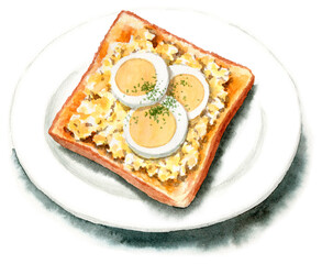 アナログ水彩たまごサラダとゆで卵の輪切りを乗せたトースト
