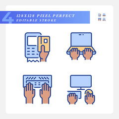 Black hands using devices pixel perfect RGB color icons set. Opportunity for technology users. Computing. Isolated vector illustrations. Simple filled line drawings collection. Editable stroke