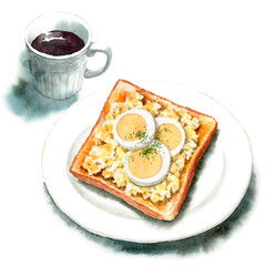 アナログ水彩たまごサラダとゆで卵の輪切りを乗せたトーストとホットコーヒー