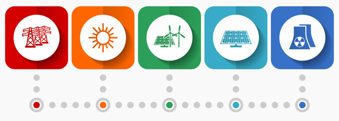 Renewable energy vector icons, miscellaneous square icon set such as power line, sun, solar panel and nuclear power plant for webdesign, flat design infographic template in eps 10
