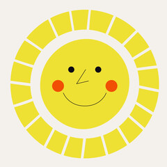 Smiling sun, abstract personage, mascot design, funny face, cute icon.