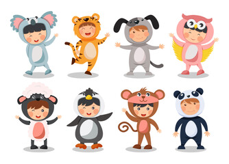 Obraz na płótnie Canvas Set of happy children is wearing animal costumes . Koala bear Tiger Dog Owl Sheep Penguin Monkey Panda . Flat cartoon characters design . Vector .