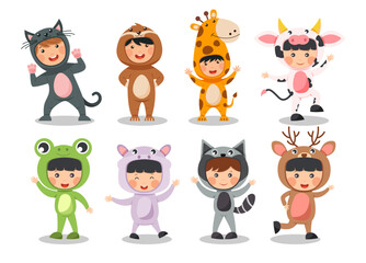 Set of happy children is wearing animal costumes . Cat Sloth bear Giraffe Cow Frog Hippopotamus Raccoon Deer . Flat cartoon characters design . Vector .