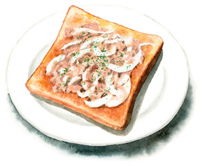 アナログ水彩白い皿に乗せたツナオニオントースト