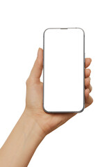 Female hand holding modern mobile phone with blank screenwith copyspace  isolated at white background. Cellphone mockup.