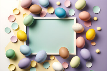 Easter eggs of delicate color around a frame with a place for text. Violet background. Happy easter. With Generative AI tehnology