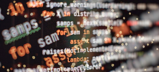 CSS, JavaScript and HTML usage. Monitor closeup of function source code. Abstract IT technology background. Software source code.