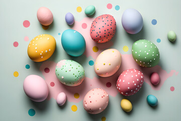 Obraz na płótnie Canvas Easter eggs in gentle tones on a blue background. Pastel color. Volume. Happy easter. With Generative AI tehnology