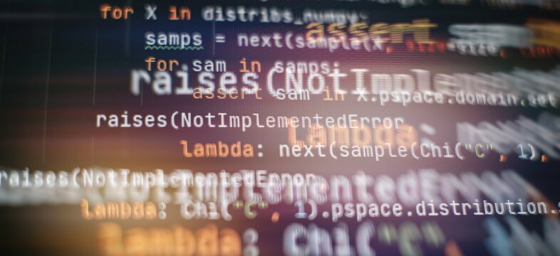 CSS, JavaScript and HTML usage. Monitor closeup of function source code. Abstract IT technology background. Software source code.