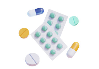 3d rendering of pills floating, suitable for your projects related to medicine, pharmacy, hospital and healthcare