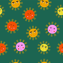 Smiling sun, abstract personage, mascot design, funny face, cute icon.