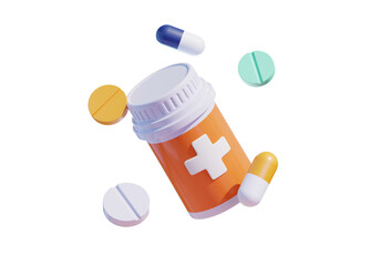 3d rendering of pills floating around pills bottle, suitable for your projects related to medicine, pharmacy, hospital and healthcare