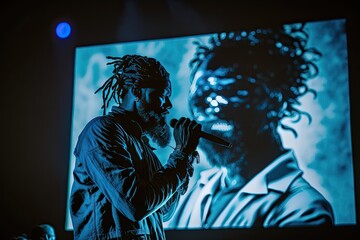 rapper performs on a blue light stage , ai generated
