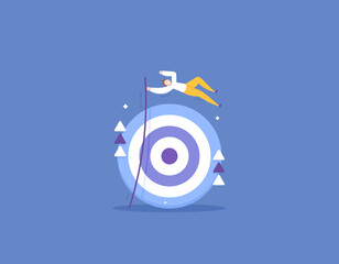 successfully exceeded the sales target. income and profit has been surpassed of specified target. accomplishments and attempts. a businessman trying to pass the dartboard. illustration concept design - obrazy, fototapety, plakaty