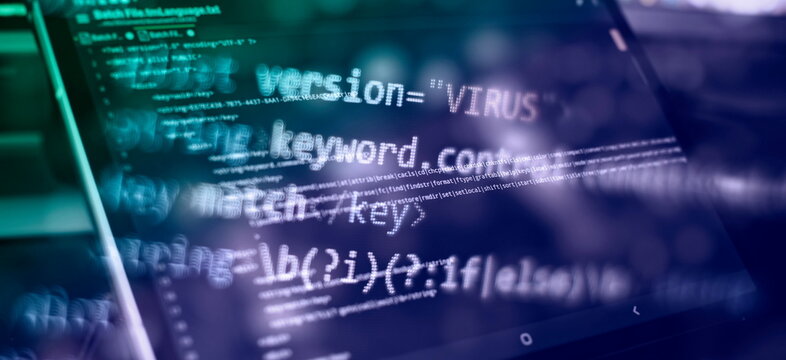 CSS, JavaScript and HTML usage. Monitor closeup of function source code. Abstract IT technology background. Software source code.