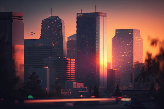 Suhnset cityscape, scyscrapers, car traffic, golden hour landscape. Urban city illustration made with Generative AI