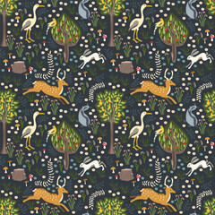 Forest with animals deer, hare, bird, badger. Vector illustration, seamless pattern