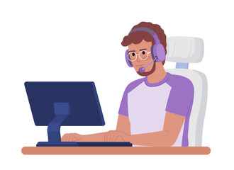 Male gamer with headphones at computer semi flat color vector character. Editable figure. Half body person on white. Simple cartoon style spot illustration for web graphic design and animation © The img