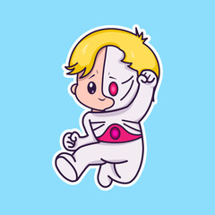 sticker of a cyber boy who rejoices in a jump, a vector picture of a robot boy in a cartoon style