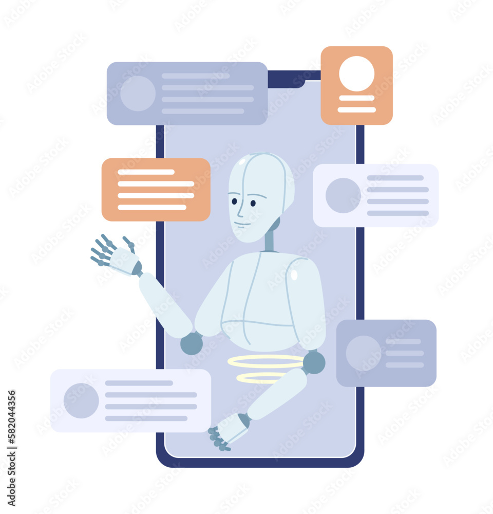 Poster ai virtual assistant on mobile phone flat concept vector spot illustration. editable 2d cartoon devi