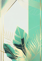 Luxury invitation card background with golden line art tropical palm leaves watercolor. Vector invite design for wedding vip anniverary celebrate birthday cover template with Generative AI technology