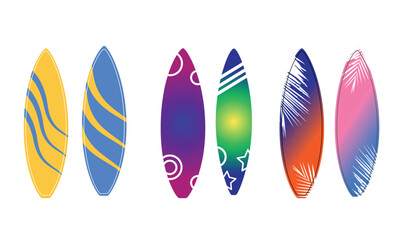 A set of surfboards with different colors and shapes.