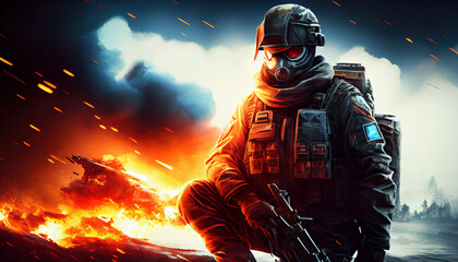 Fototapeta premium Lone soldier walking in destroyed city, war or natural disaster concept