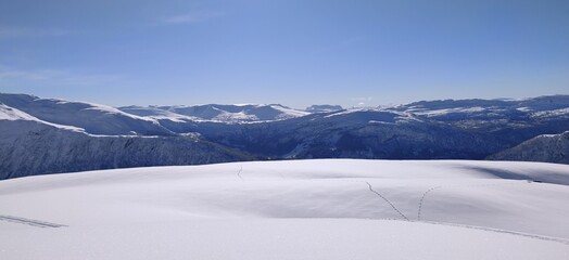 Snow winter landscape with blue sky norway 