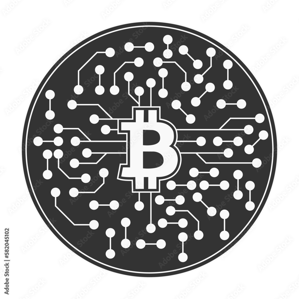 Aufkleber Bitcoin cryptocurrency with circuit breaker of blockchain technology. Digital money decentralization. Vector art illustration