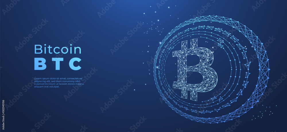 Poster Bitcoin cryptocurrency with circuit breaker of blockchain technology. Digital money decentralization. Vector art illustration
