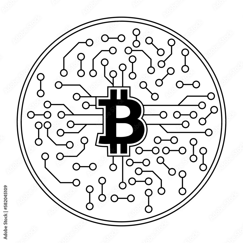 Poster Bitcoin cryptocurrency with circuit breaker of blockchain technology. Digital money decentralization. Vector art illustration