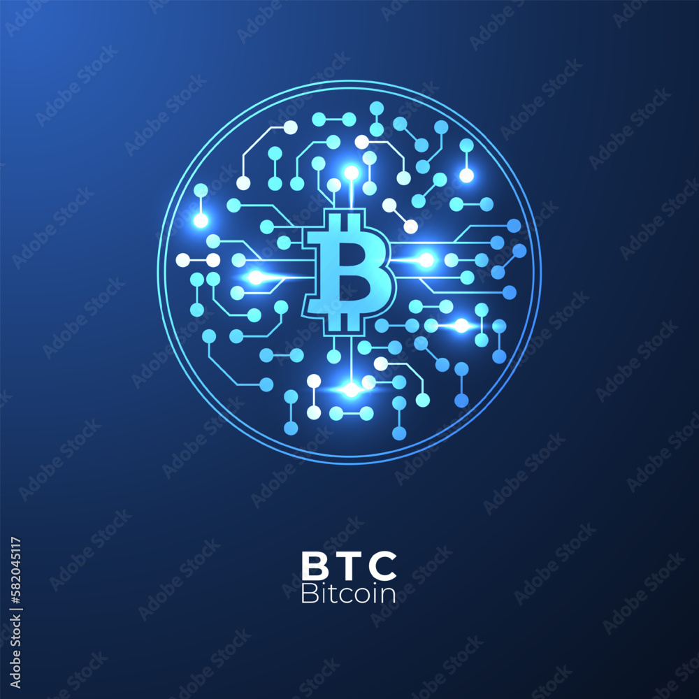 Poster Bitcoin cryptocurrency with circuit breaker of blockchain technology. Digital money decentralization. Vector art illustration