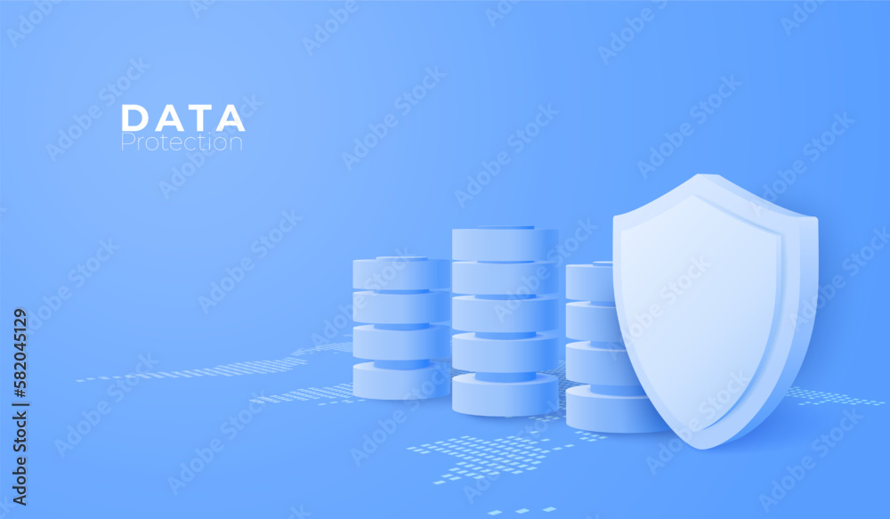 Poster 3d storage and shield. online protection guarantee data storage concept.
