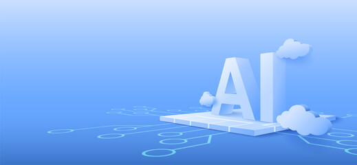 3D artificial intelligence with circuit electric background. Digital futuristic big data visualization and machine learning. vector banner art illustration.