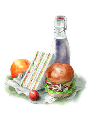 アナログ水彩画ハンバーガーとサンドイッチのランチセット