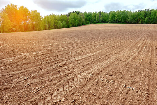 Plowed field in spring, agriculture rural landscape. Plough agriculture field. Countryside background, farm field and sunny sky.